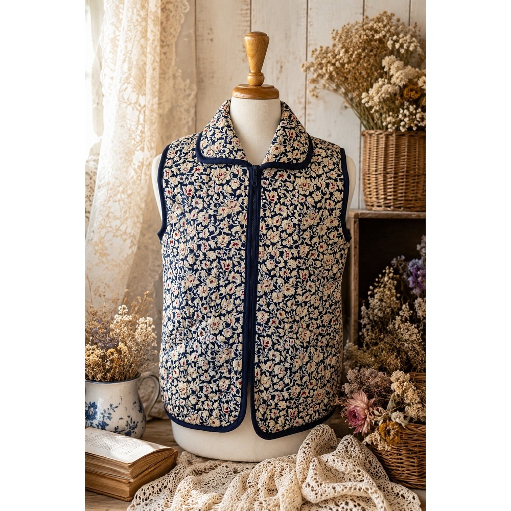 Quilted Floral Vest Cottagecore Grandmacore Prairie Folk Art Lined Zip Front‎ L